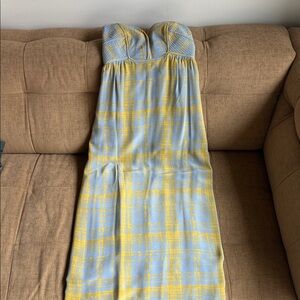Silk Yellow and Blue Plaid Maxi Dress with quilted sweetheart neckline